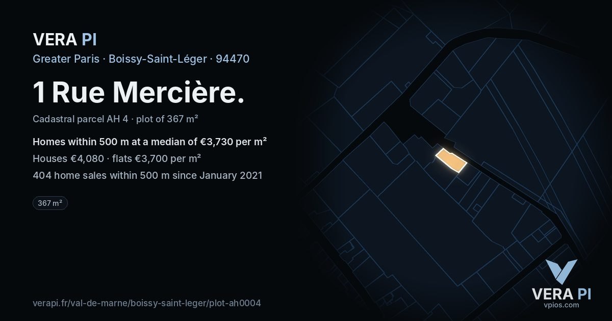 1 Rue Mercière, Boissy-Saint-Léger at night – the plot lit, the parcels around coloured by the prices near them