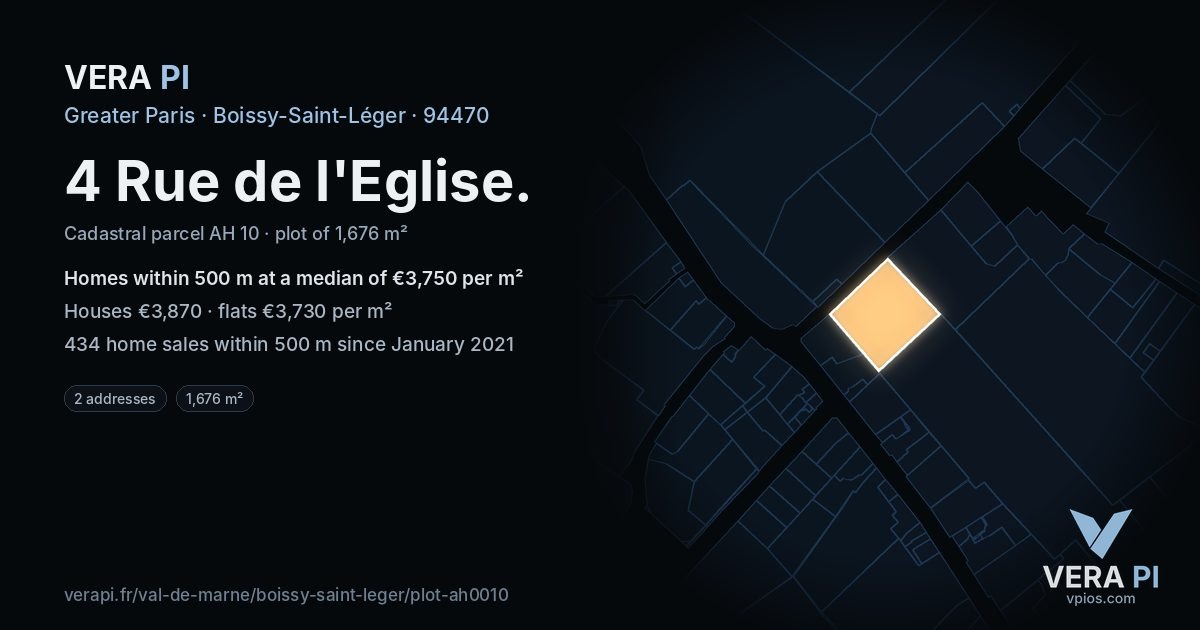 4 Rue de l'Eglise, Boissy-Saint-Léger at night – the plot lit, the parcels around coloured by the prices near them
