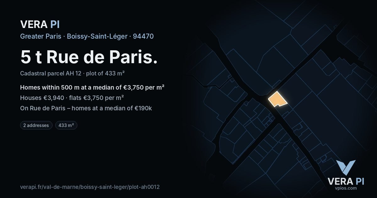 5 t Rue de Paris, Boissy-Saint-Léger at night – the plot lit, the parcels around coloured by the prices near them