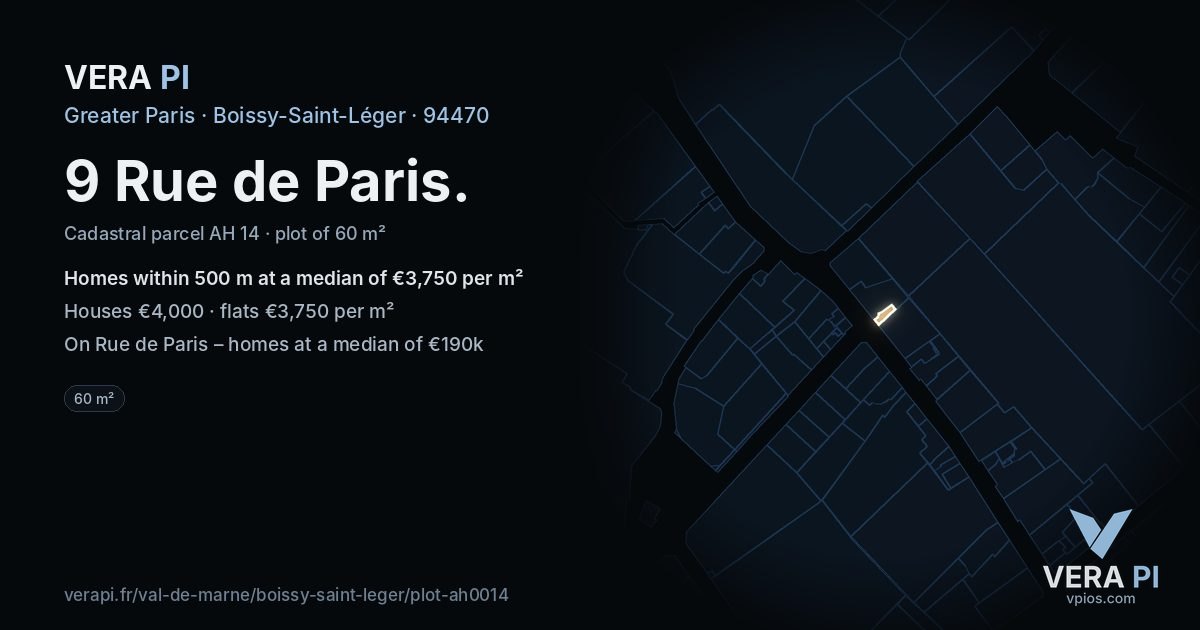 9 Rue de Paris, Boissy-Saint-Léger at night – the plot lit, the parcels around coloured by the prices near them
