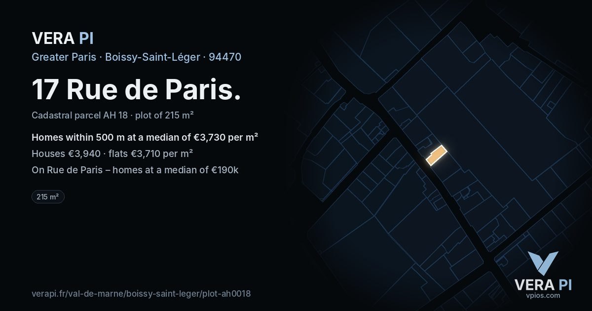 17 Rue de Paris, Boissy-Saint-Léger at night – the plot lit, the parcels around coloured by the prices near them