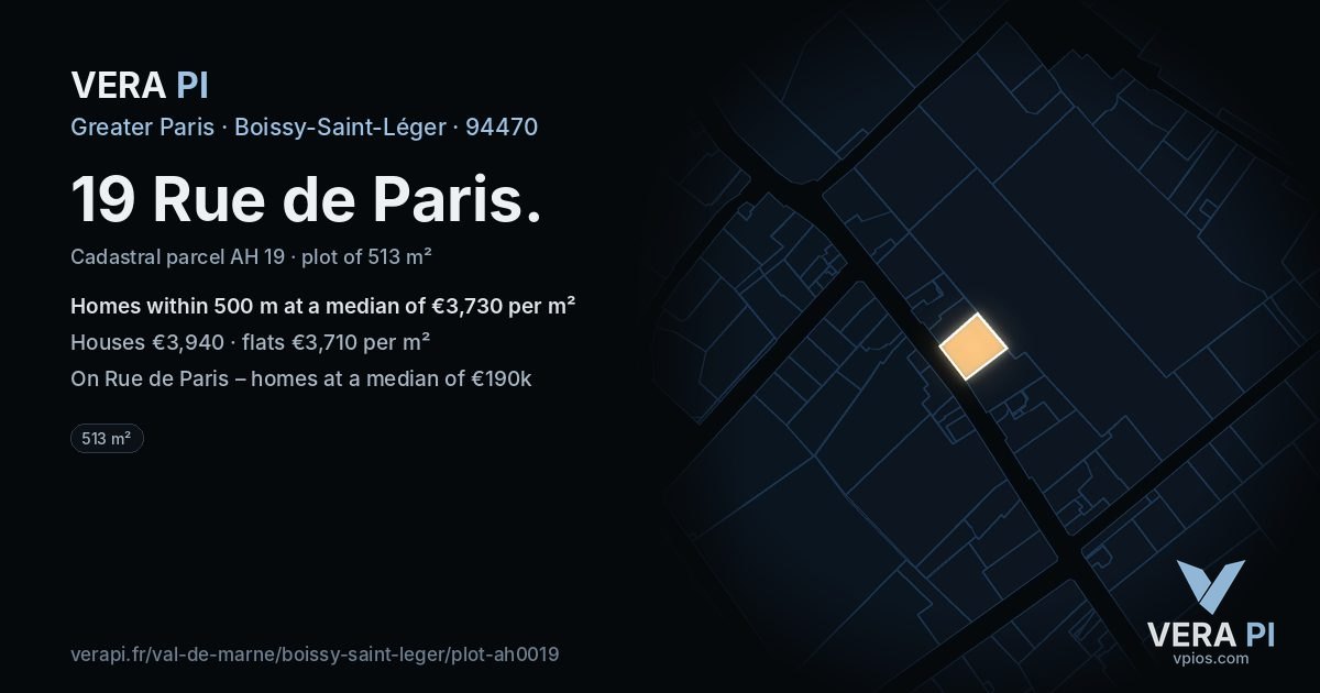 19 Rue de Paris, Boissy-Saint-Léger at night – the plot lit, the parcels around coloured by the prices near them