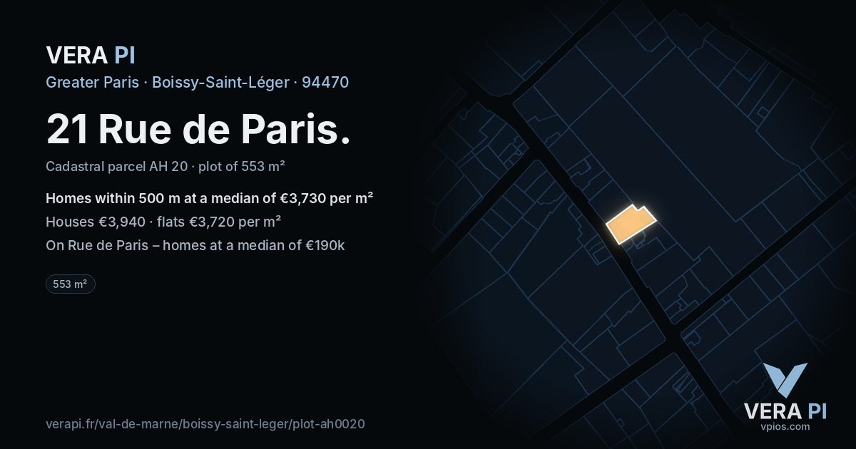 21 Rue de Paris, Boissy-Saint-Léger at night – the plot lit, the parcels around coloured by the prices near them