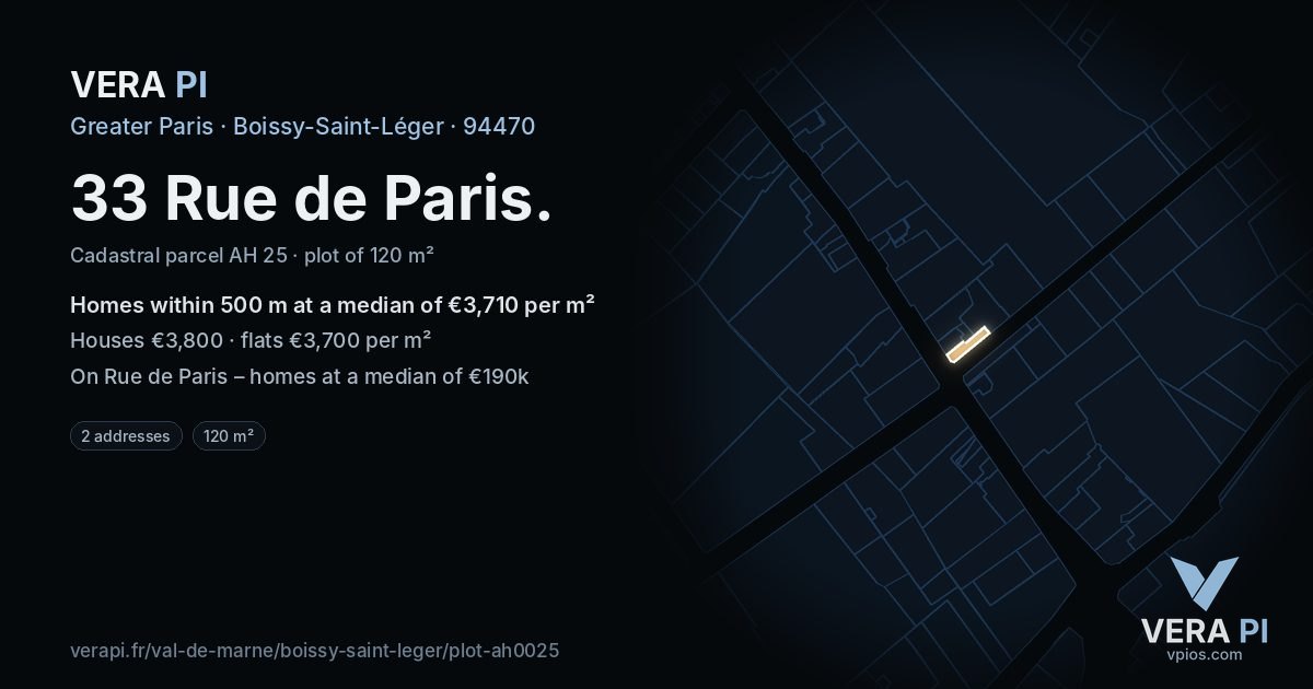 33 Rue de Paris, Boissy-Saint-Léger at night – the plot lit, the parcels around coloured by the prices near them