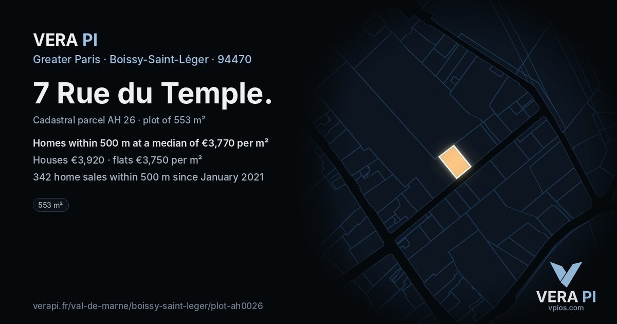 7 Rue du Temple, Boissy-Saint-Léger at night – the plot lit, the parcels around coloured by the prices near them