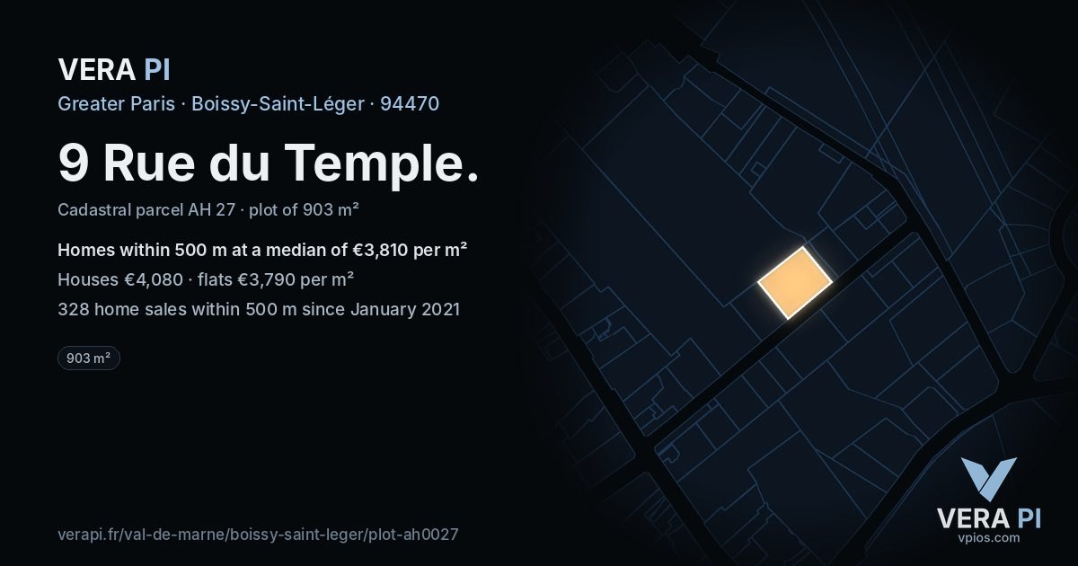9 Rue du Temple, Boissy-Saint-Léger at night – the plot lit, the parcels around coloured by the prices near them