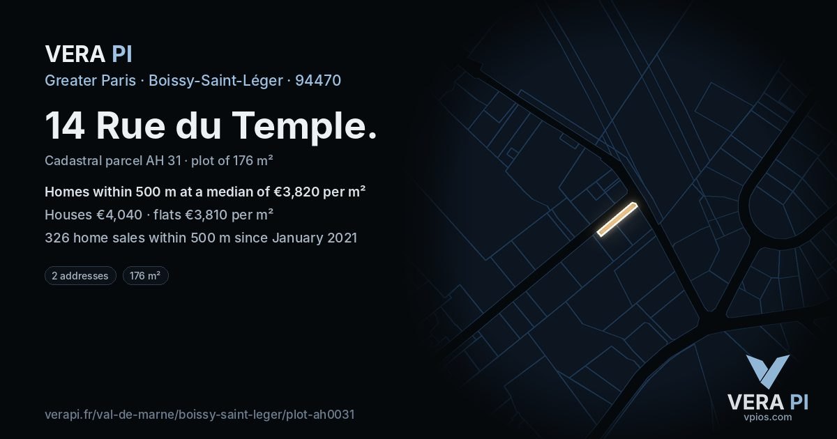 14 Rue du Temple, Boissy-Saint-Léger at night – the plot lit, the parcels around coloured by the prices near them