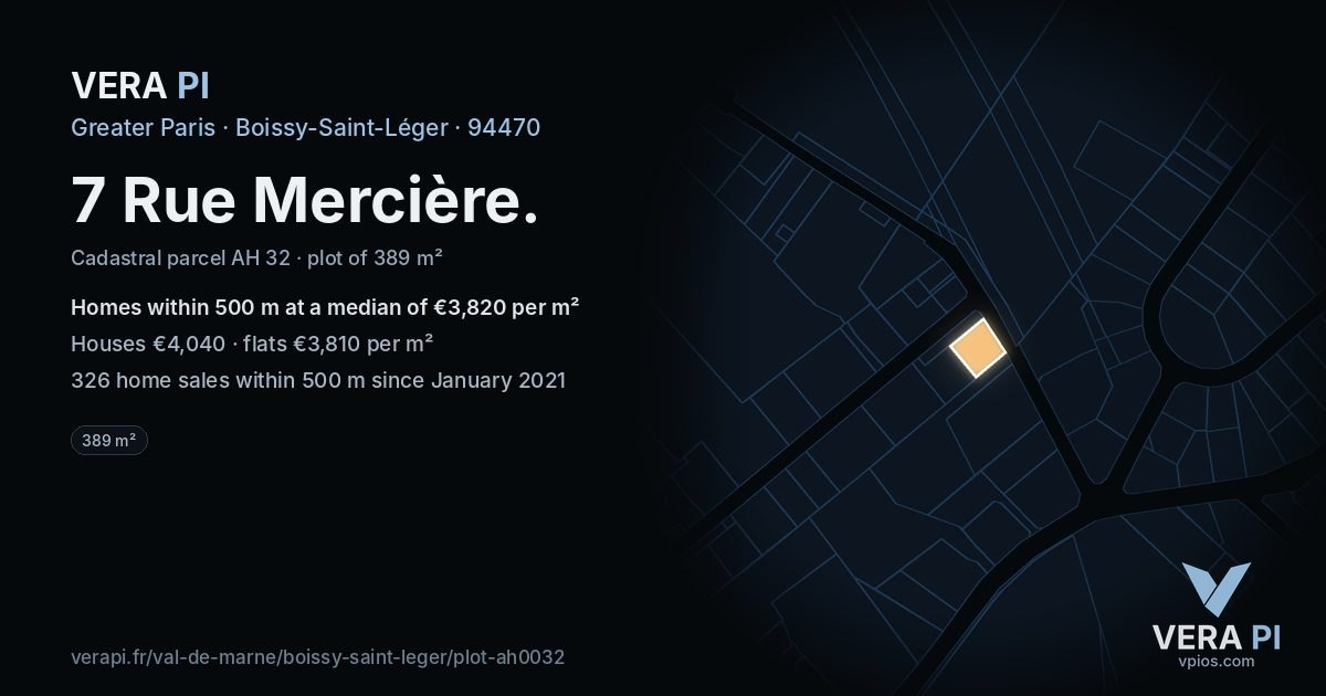 7 Rue Mercière, Boissy-Saint-Léger at night – the plot lit, the parcels around coloured by the prices near them