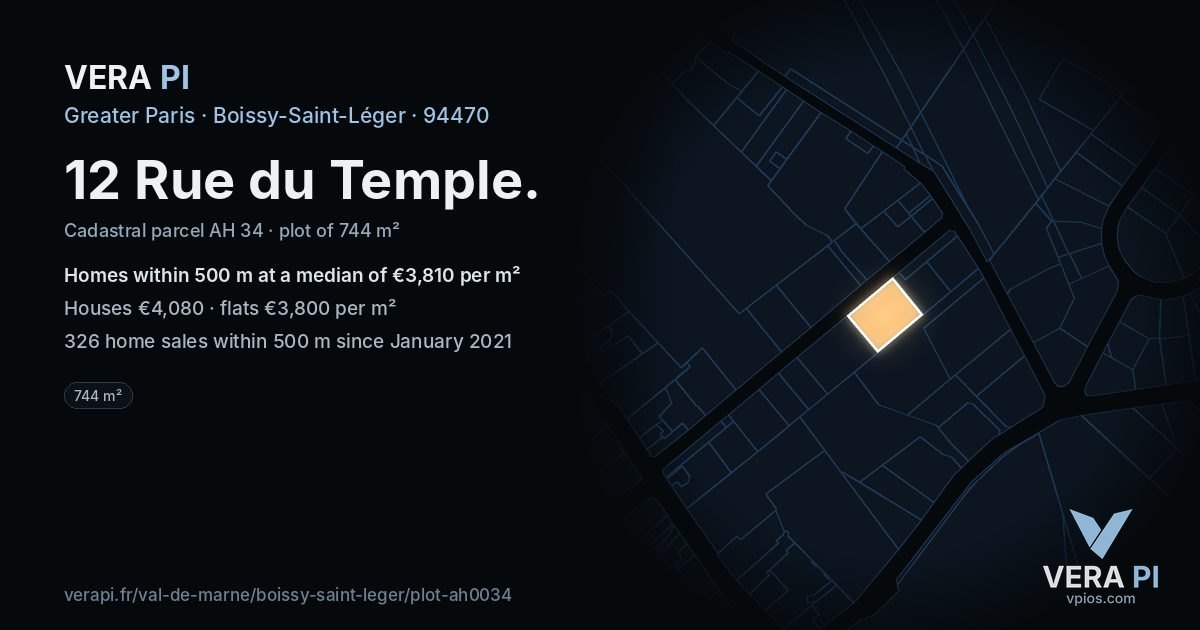 12 Rue du Temple, Boissy-Saint-Léger at night – the plot lit, the parcels around coloured by the prices near them