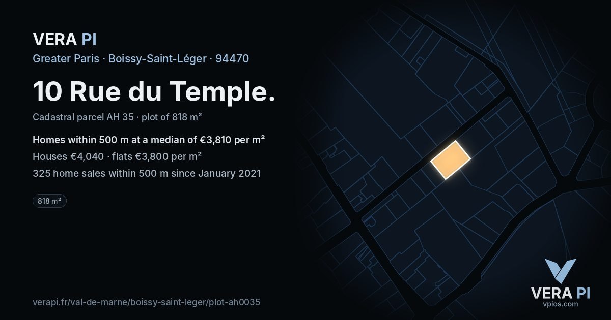 10 Rue du Temple, Boissy-Saint-Léger at night – the plot lit, the parcels around coloured by the prices near them