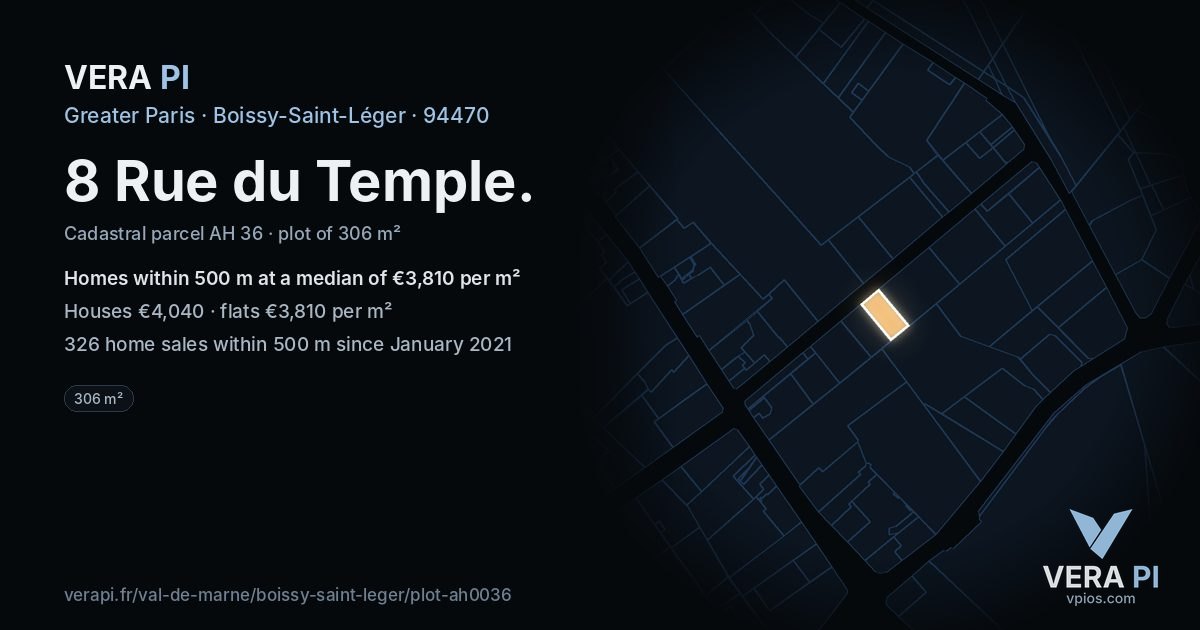 8 Rue du Temple, Boissy-Saint-Léger at night – the plot lit, the parcels around coloured by the prices near them