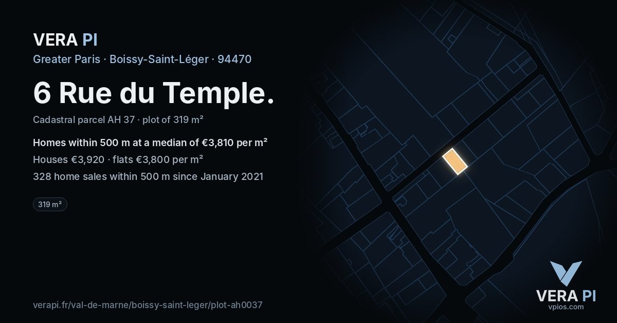 6 Rue du Temple, Boissy-Saint-Léger at night – the plot lit, the parcels around coloured by the prices near them