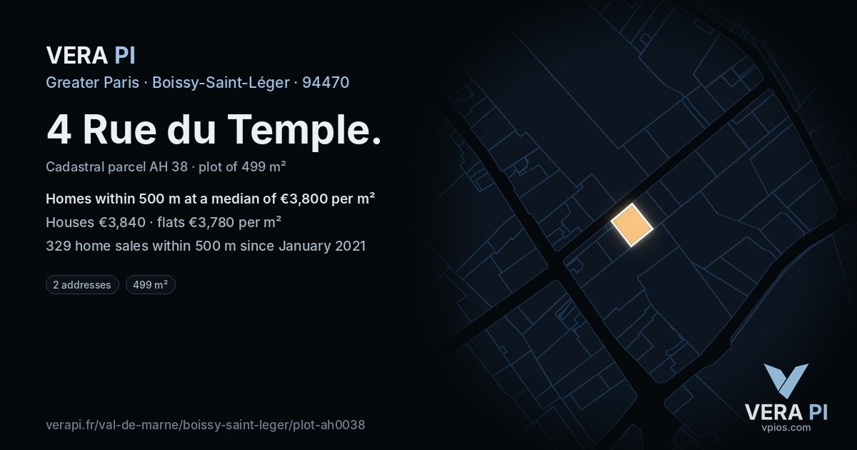 4 Rue du Temple, Boissy-Saint-Léger at night – the plot lit, the parcels around coloured by the prices near them