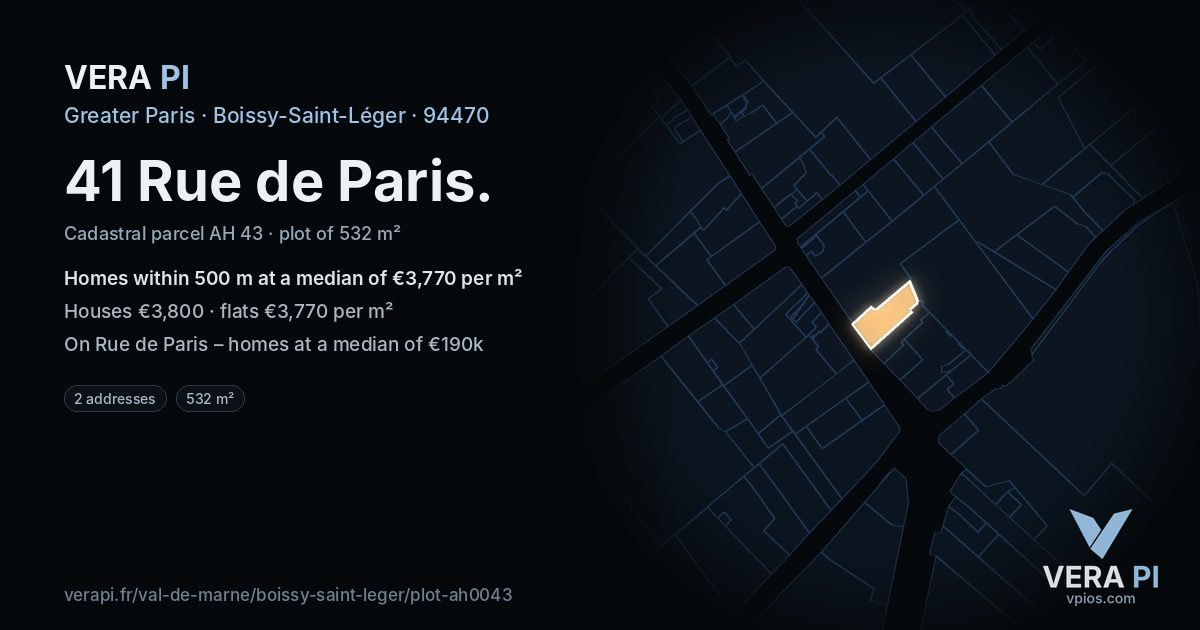 41 Rue de Paris, Boissy-Saint-Léger at night – the plot lit, the parcels around coloured by the prices near them