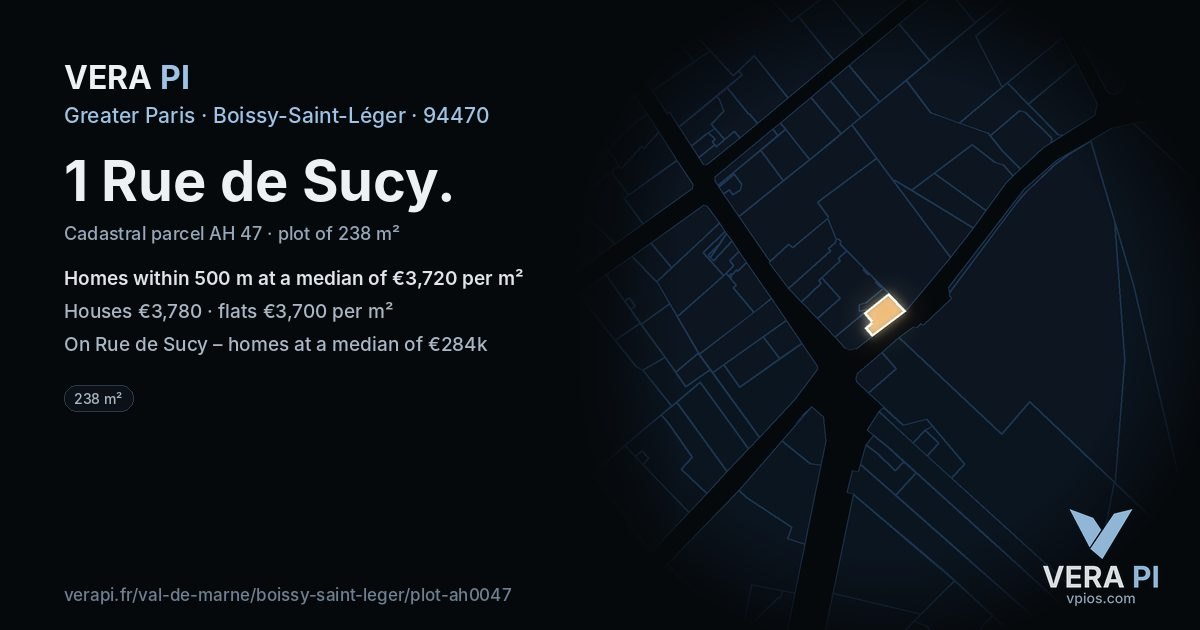 1 Rue de Sucy, Boissy-Saint-Léger at night – the plot lit, the parcels around coloured by the prices near them