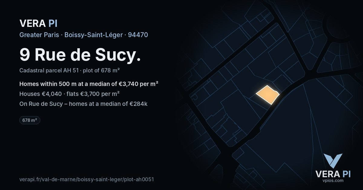 9 Rue de Sucy, Boissy-Saint-Léger at night – the plot lit, the parcels around coloured by the prices near them