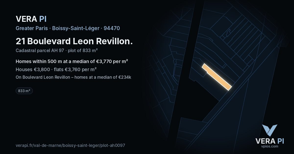 21 Boulevard Leon Revillon, Boissy-Saint-Léger at night – the plot lit, the parcels around coloured by the prices near them