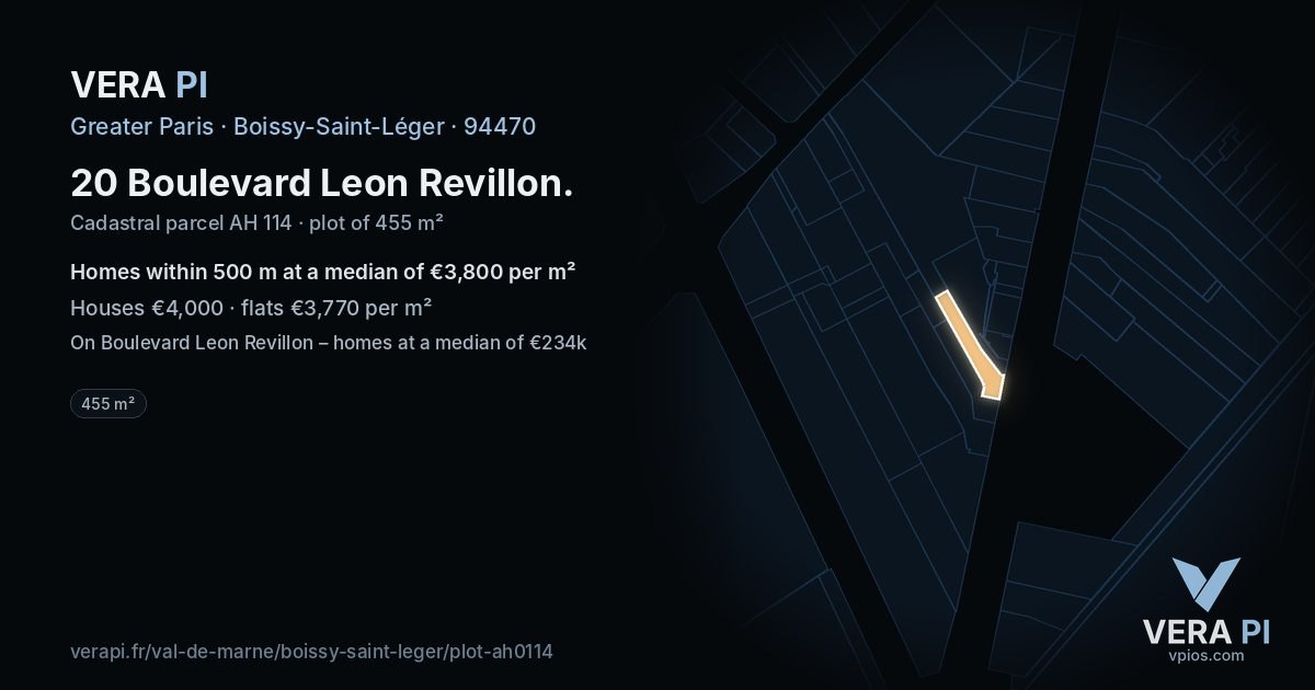 20 Boulevard Leon Revillon, Boissy-Saint-Léger at night – the plot lit, the parcels around coloured by the prices near them