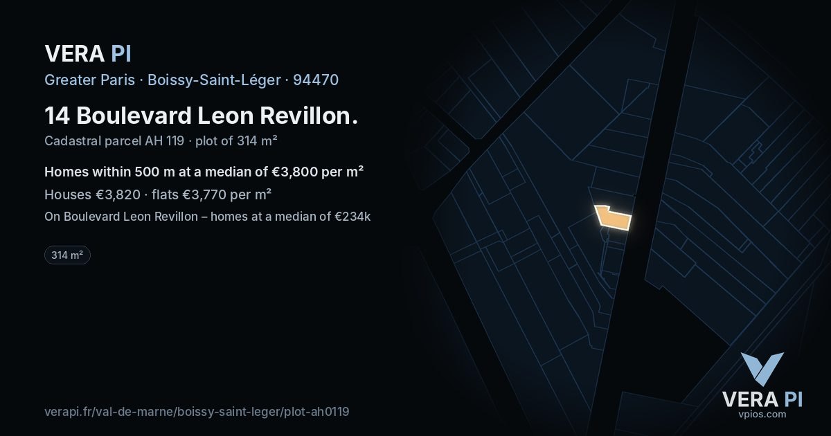 14 Boulevard Leon Revillon, Boissy-Saint-Léger at night – the plot lit, the parcels around coloured by the prices near them