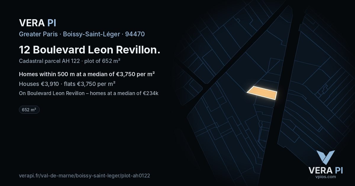 12 Boulevard Leon Revillon, Boissy-Saint-Léger at night – the plot lit, the parcels around coloured by the prices near them