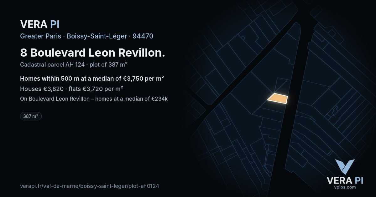 8 Boulevard Leon Revillon, Boissy-Saint-Léger at night – the plot lit, the parcels around coloured by the prices near them