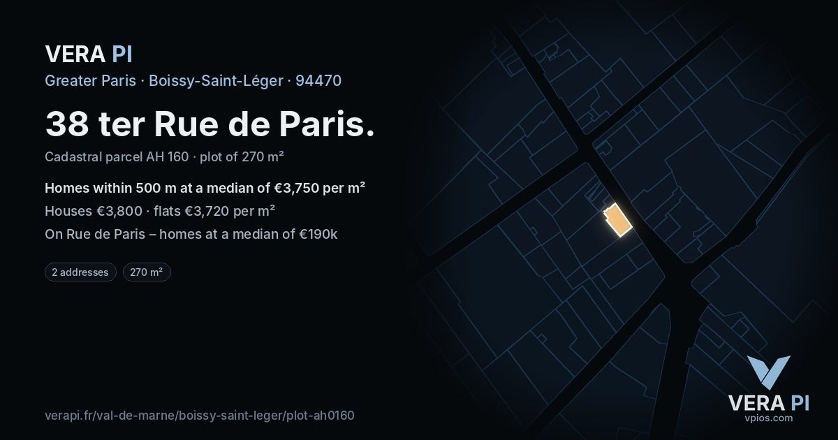 38 ter Rue de Paris, Boissy-Saint-Léger at night – the plot lit, the parcels around coloured by the prices near them