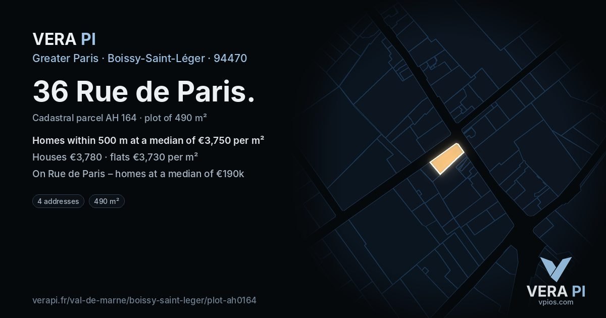 36 Rue de Paris, Boissy-Saint-Léger at night – the plot lit, the parcels around coloured by the prices near them