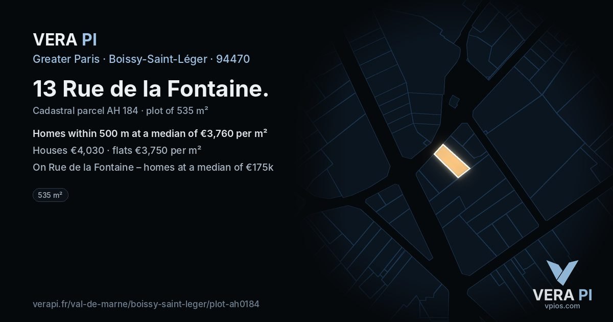 13 Rue de la Fontaine, Boissy-Saint-Léger at night – the plot lit, the parcels around coloured by the prices near them