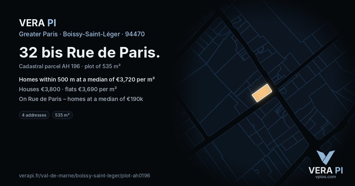 32 bis Rue de Paris, Boissy-Saint-Léger at night – the plot lit, the parcels around coloured by the prices near them