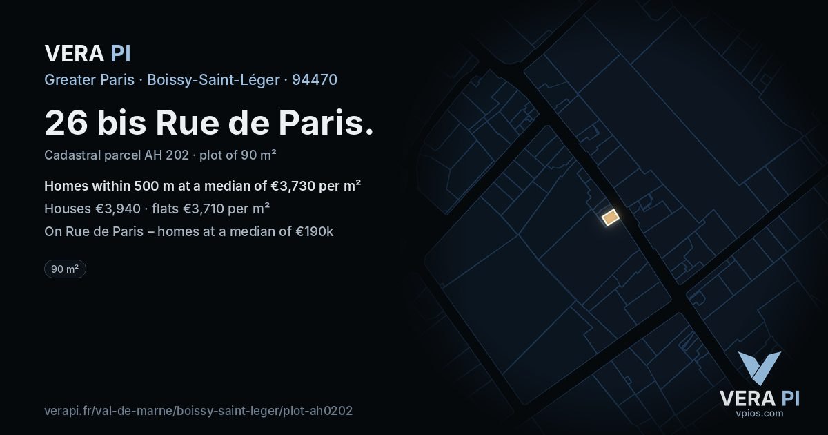 26 bis Rue de Paris, Boissy-Saint-Léger at night – the plot lit, the parcels around coloured by the prices near them