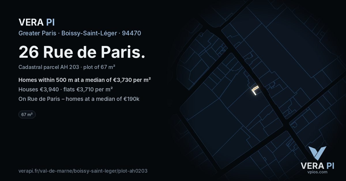 26 Rue de Paris, Boissy-Saint-Léger at night – the plot lit, the parcels around coloured by the prices near them