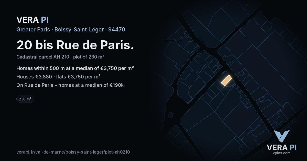 20 bis Rue de Paris, Boissy-Saint-Léger at night – the plot lit, the parcels around coloured by the prices near them