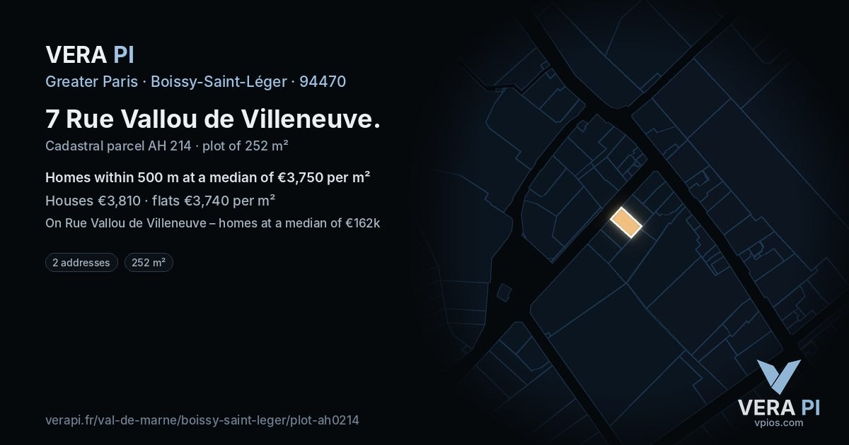 7 Rue Vallou de Villeneuve, Boissy-Saint-Léger at night – the plot lit, the parcels around coloured by the prices near them