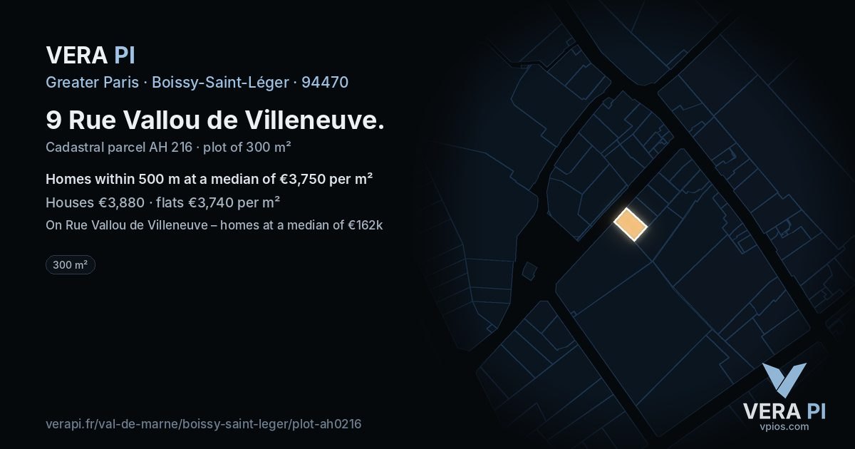 9 Rue Vallou de Villeneuve, Boissy-Saint-Léger at night – the plot lit, the parcels around coloured by the prices near them