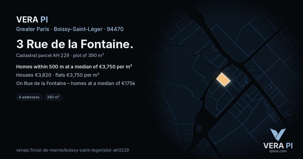 3 Rue de la Fontaine, Boissy-Saint-Léger at night – the plot lit, the parcels around coloured by the prices near them