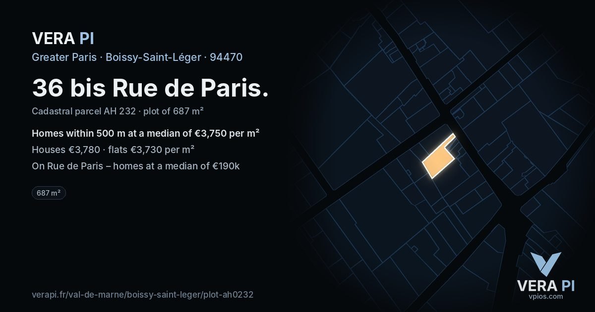 36 bis Rue de Paris, Boissy-Saint-Léger at night – the plot lit, the parcels around coloured by the prices near them