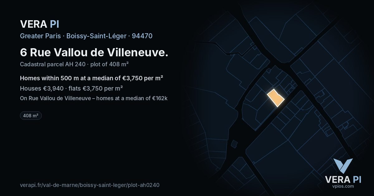 6 Rue Vallou de Villeneuve, Boissy-Saint-Léger at night – the plot lit, the parcels around coloured by the prices near them