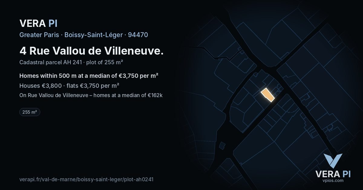 4 Rue Vallou de Villeneuve, Boissy-Saint-Léger at night – the plot lit, the parcels around coloured by the prices near them