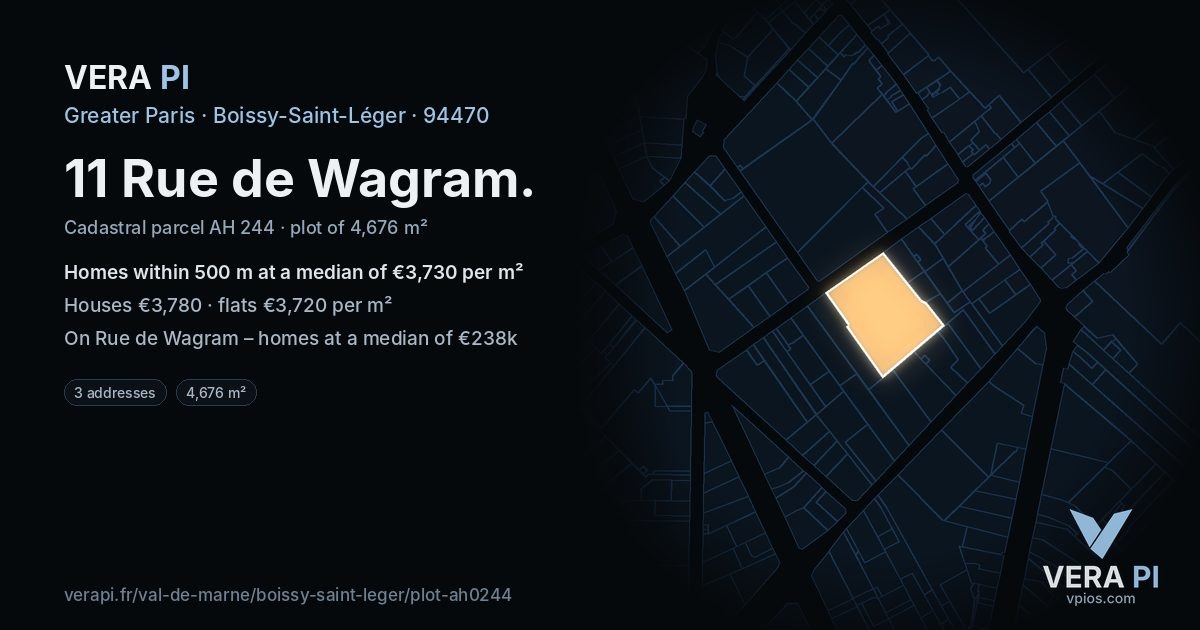 11 Rue de Wagram, Boissy-Saint-Léger at night – the plot lit, the parcels around coloured by the prices near them