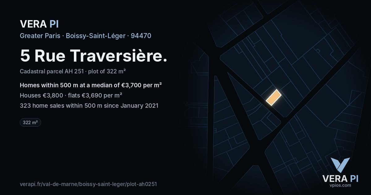 5 Rue Traversière, Boissy-Saint-Léger at night – the plot lit, the parcels around coloured by the prices near them