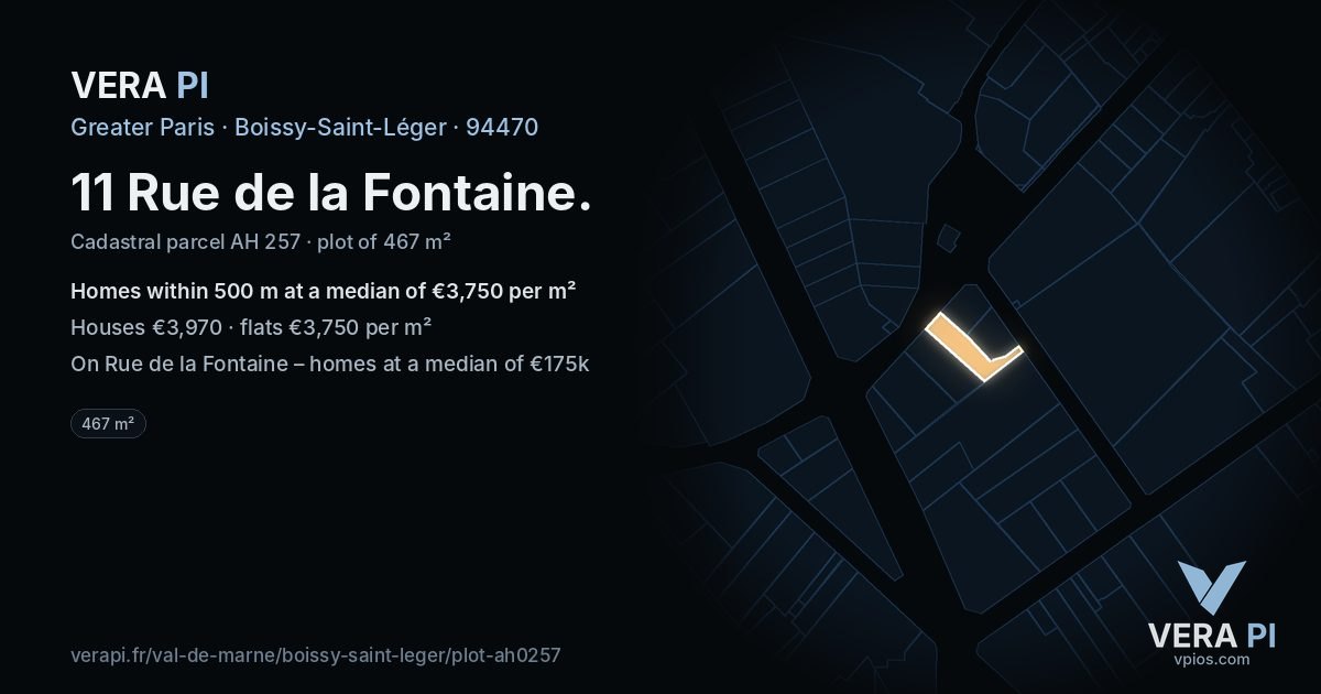 11 Rue de la Fontaine, Boissy-Saint-Léger at night – the plot lit, the parcels around coloured by the prices near them