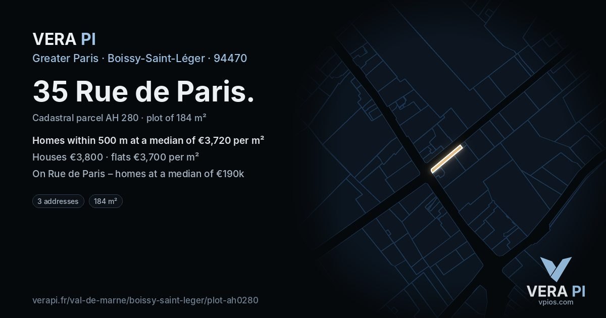 35 Rue de Paris, Boissy-Saint-Léger at night – the plot lit, the parcels around coloured by the prices near them
