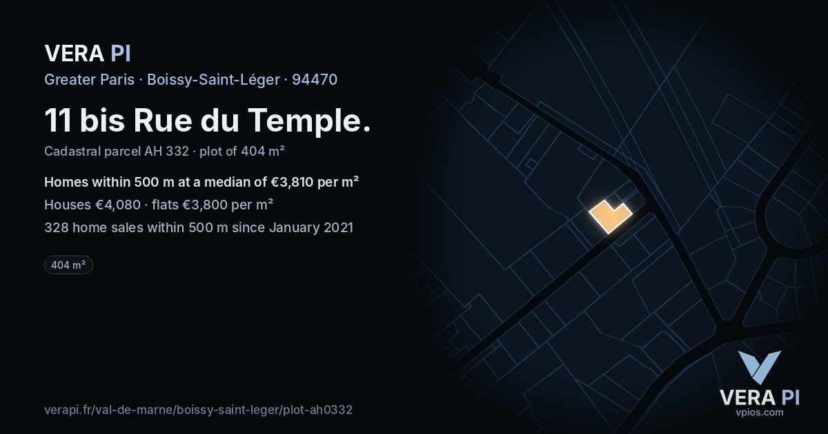 11 bis Rue du Temple, Boissy-Saint-Léger at night – the plot lit, the parcels around coloured by the prices near them