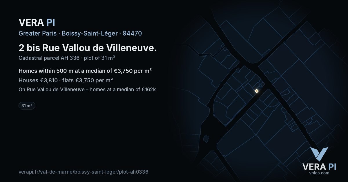 2 bis Rue Vallou de Villeneuve, Boissy-Saint-Léger at night – the plot lit, the parcels around coloured by the prices near them