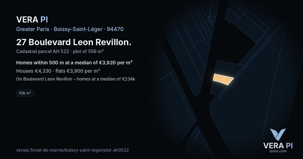 27 Boulevard Leon Revillon, Boissy-Saint-Léger at night – the plot lit, the parcels around coloured by the prices near them
