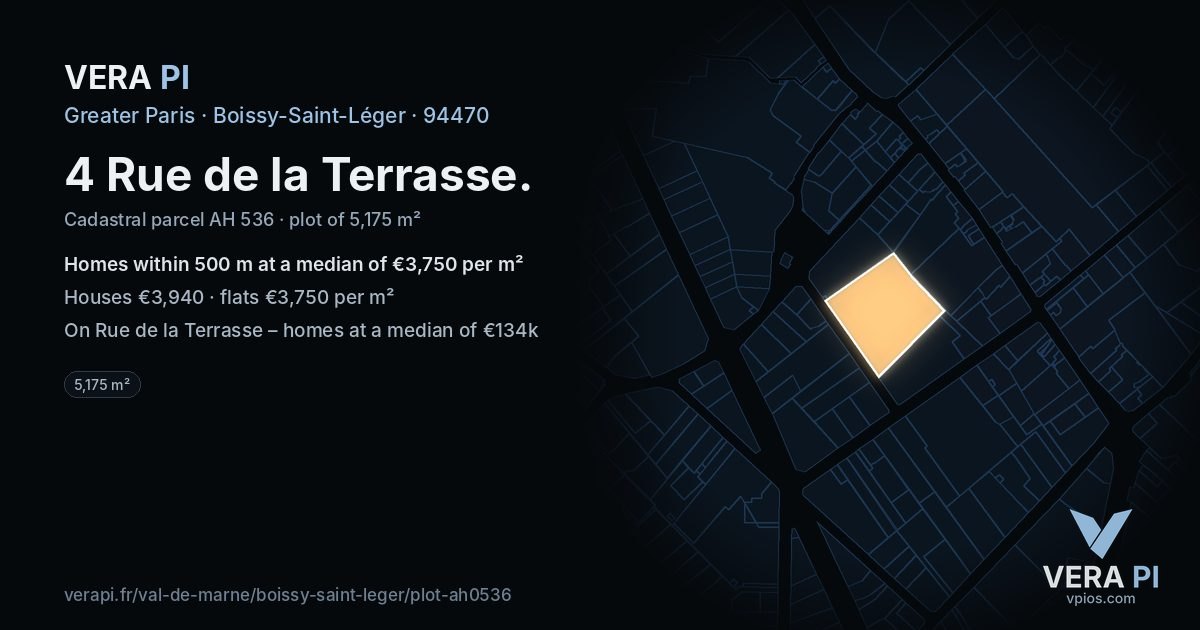 4 Rue de la Terrasse, Boissy-Saint-Léger at night – the plot lit, the parcels around coloured by the prices near them
