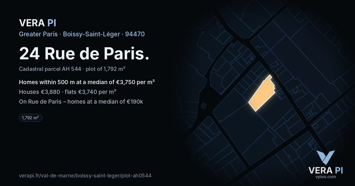24 Rue de Paris, Boissy-Saint-Léger at night – the plot lit, the parcels around coloured by the prices near them