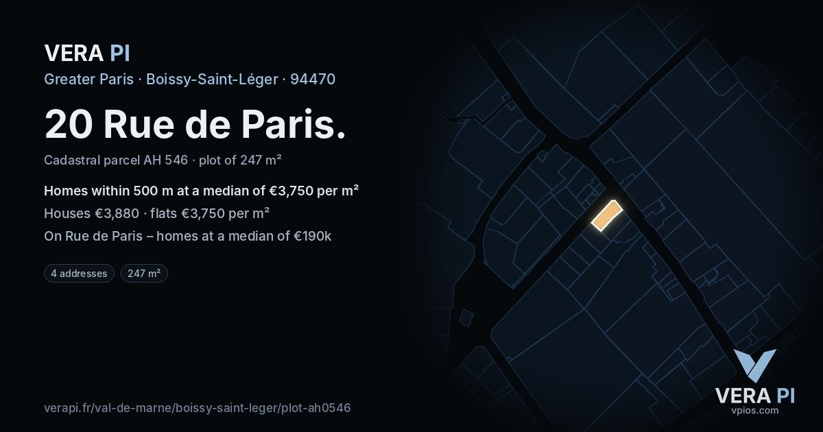 20 Rue de Paris, Boissy-Saint-Léger at night – the plot lit, the parcels around coloured by the prices near them