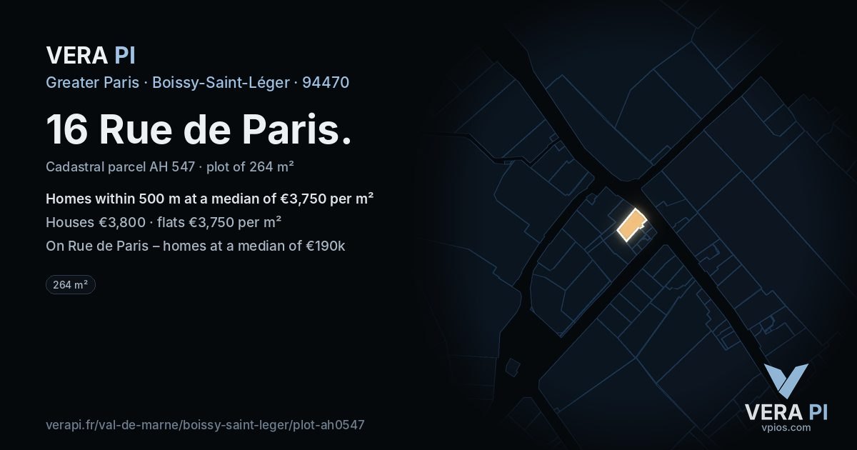 16 Rue de Paris, Boissy-Saint-Léger at night – the plot lit, the parcels around coloured by the prices near them