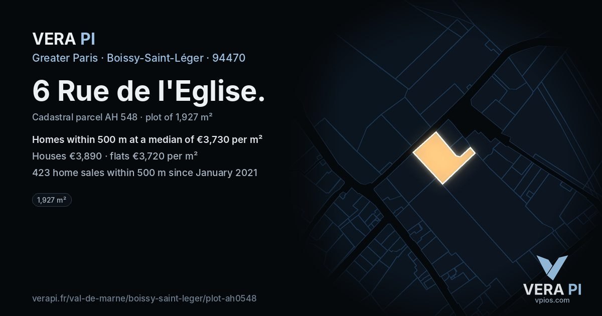 6 Rue de l'Eglise, Boissy-Saint-Léger at night – the plot lit, the parcels around coloured by the prices near them